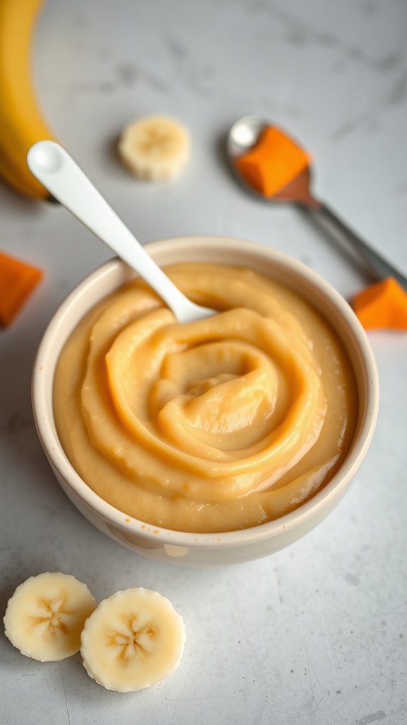 Creamy quinoa puree in a bowl with a baby spoon and soft fruits around it.